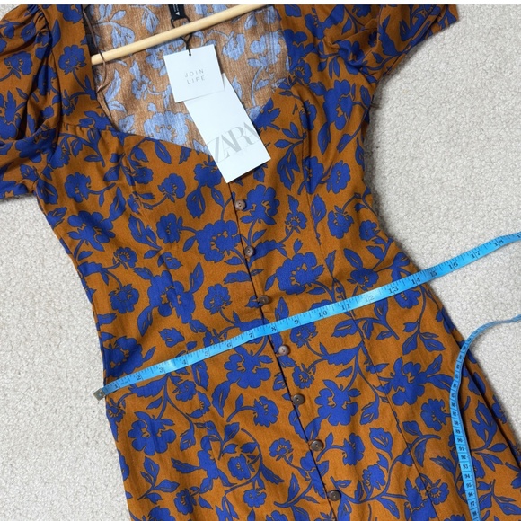 NWT Zara Dress Midi Length Button Front Convertible Duster Dress Brown Blue XS - Picture 13 of 16